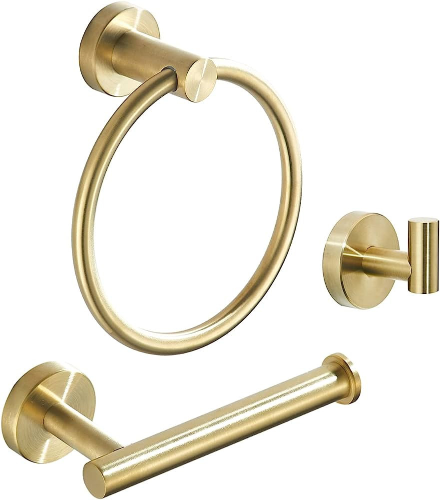 WEIKO Gold Bathroom Hardware, Toilet Paper Holder Towel Ring and Robe Hook Brushed Gold Bathroom ... | Amazon (US)