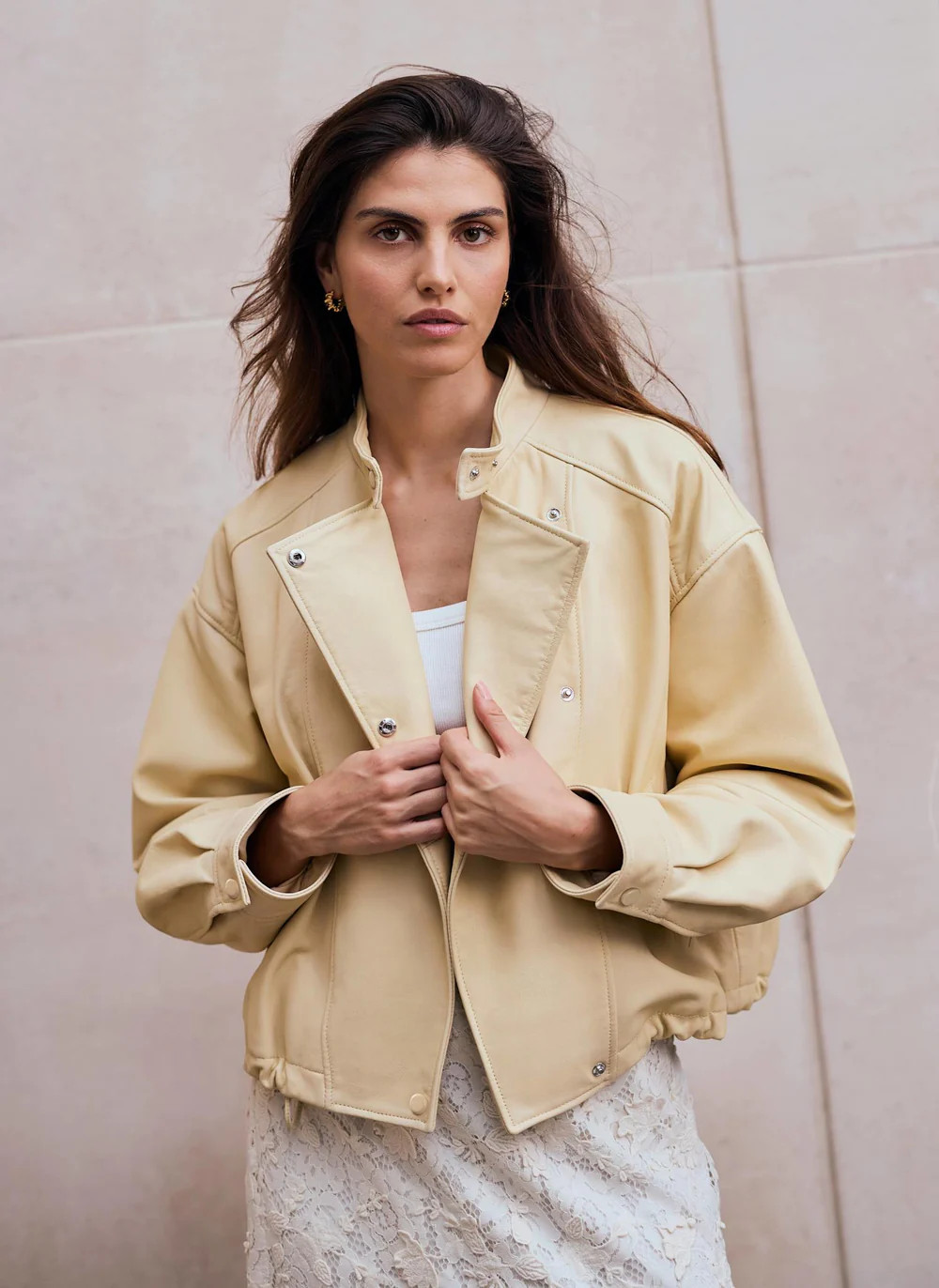 Butter Yellow Leather Cropped Pilot Bomber Jacket | Mint Velvet
