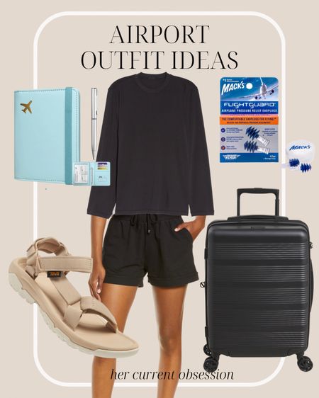 Airport outfit ideas - black cotton shorts and a long sleeve boyfriend shirt. I suffer from cabin air pressure during descending so these ear plugs are amazing. 

| Teva sandals | Calpak luggage | Calpak carryon | passport holder | spring break | vacation outfits | travel influencer | travel content creator | 

#LTKstyletip #LTKSeasonal #LTKtravel