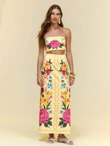 CAJUNI Women's Elegant Floral Halter Sleeveless Skirt 2-Piece Set, Yellow & Fuchsia Peony Lily Pr... | SHEIN