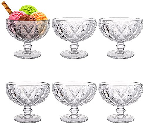 Lawei Set of 6 Glass Dessert Bowls, 12 Oz Footed Ice Cream Sundae Cups, Vintage Embossed Thick Dessert Dishes, Crystal Glass Serving Bowls for Parfait, Dessert, Snack, Cocktail, Cereal, Fruit | Amazon (US)