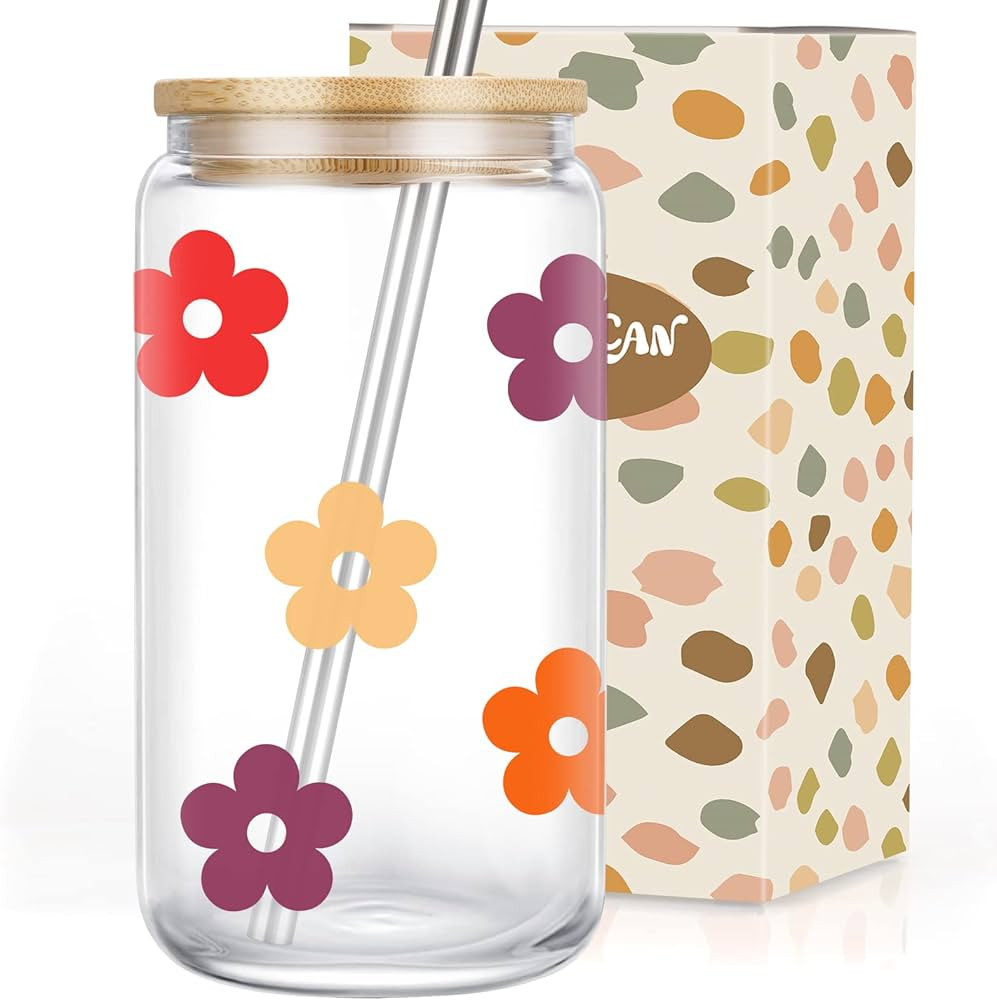 Coolife Retro Daisy Glass Cup - 16 oz Drinking Glass Cups w/Bamboo Lids Straws, Iced Coffee Cup, ... | Amazon (US)