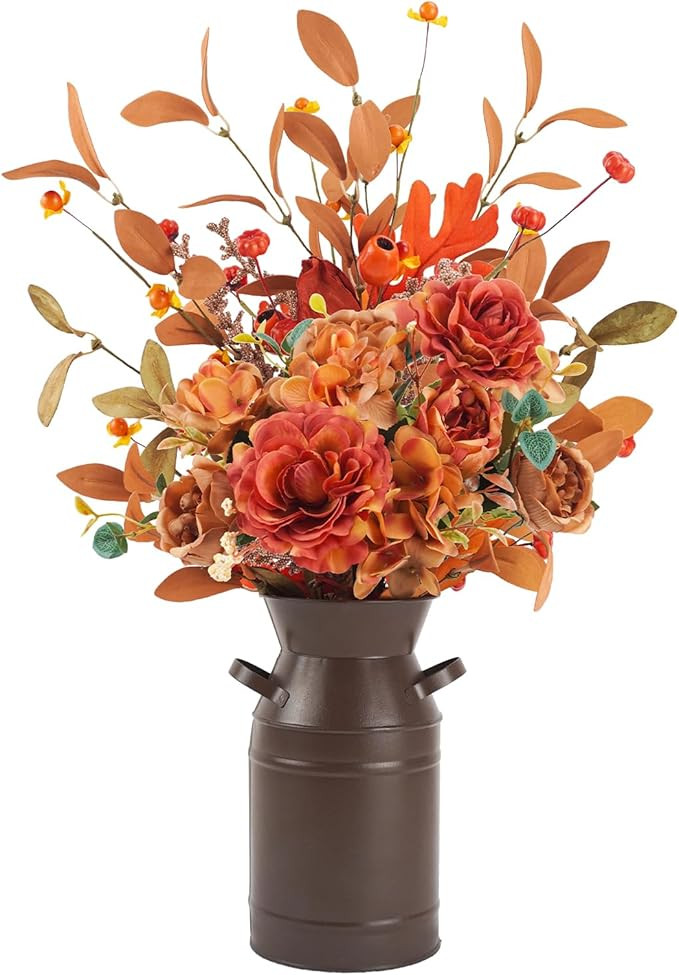Krissing Artificial Fall Flowers with Metal Pot Faux Autumn Hydrangea Silk Flowers Bouquets with ... | Amazon (US)