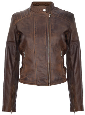 Ladies Womens Brown Real Leather Fitted Vintage Biker Style Zip Fashion Jacket | eBay US
