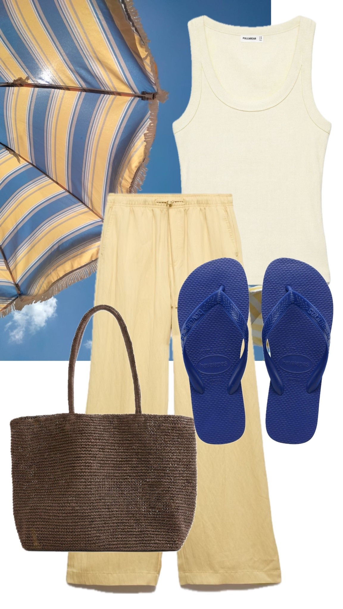 Butter yellow trousers
Blue Havaianas 
Brown raffia bag
Blue flip flops 
Yellow vest top 
Summer outfits

#LTKootd #LTKgrwm #LTKSeasonal