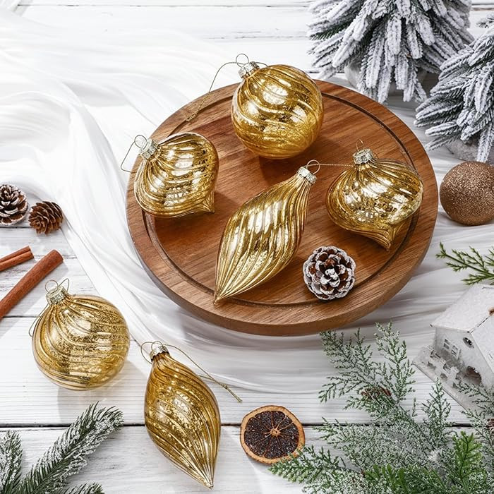 6 Pcs Gold Glass Christmas Ornaments, Mercury Vintage Christmas Ball Ornaments Hanging Hand Neutr... | Amazon (US)