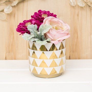 Ceramic Vase, Geometric Triangle Patterned Pot, 4.75 in, White & Gold | Amazon (US)