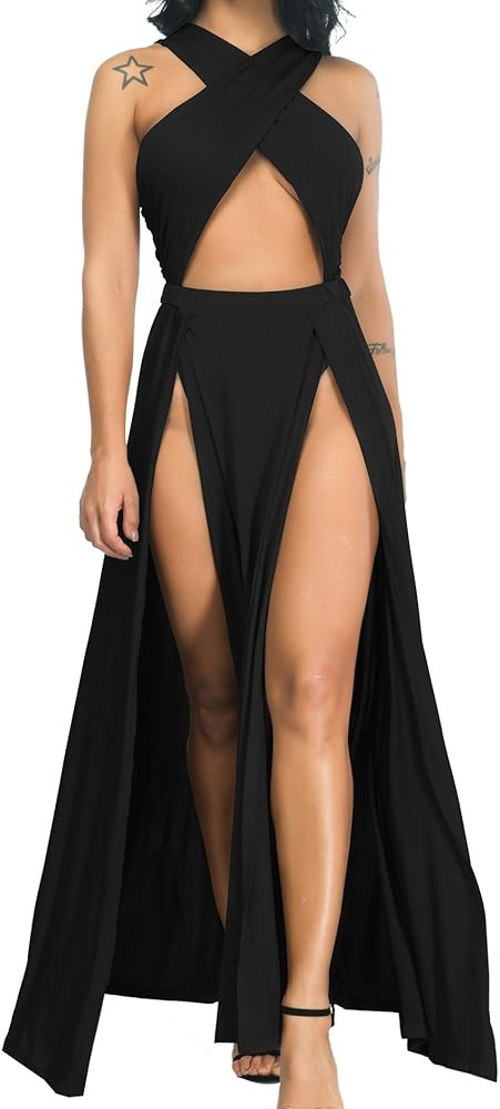 Velius Women Sexy Hollow Out Halter Wrap Sleeveless Plain Pleated Slit Casual Long Maxi Dress | Amazon (US)