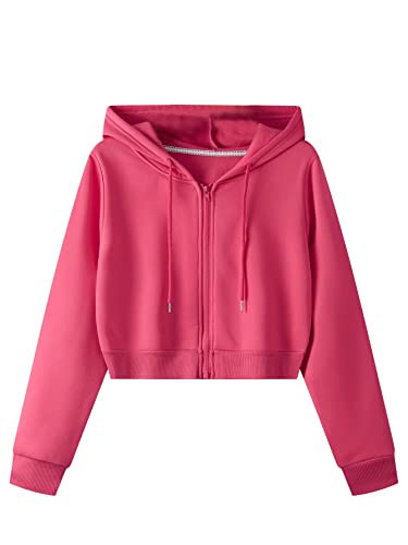 SweatyRocks Women's Long Sleeve Drawstring Full Zip Hooded Jacket Crop Sweatshirt Hot Pink S | Amazon (US)
