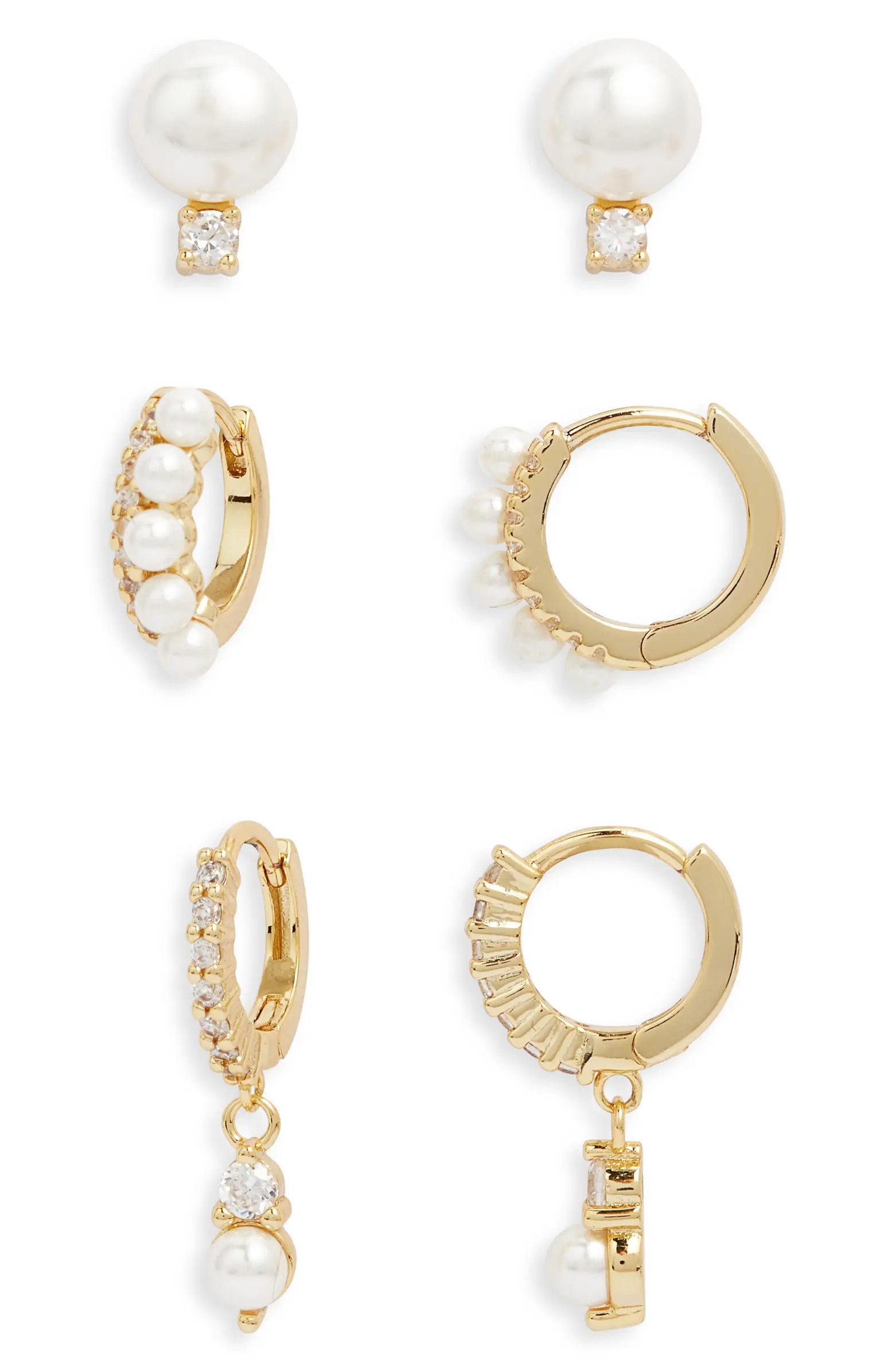 Nordstrom Set of 3 Freshwater Pearl & Cubic Zirconia Stud & Hoop Earrings | Nordstrom | Nordstrom