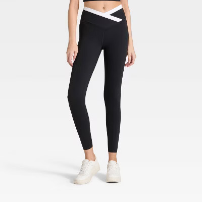 Women's High-Rise Crossover Waistband 7/8 Leggings - JoyLab™ Black/White L | Target