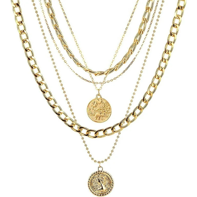 Layered Gold Pirate Necklace for Women, Chunky Chain Coin Pendant Necklace, 80s 90s Vintage Pirat... | Walmart (US)