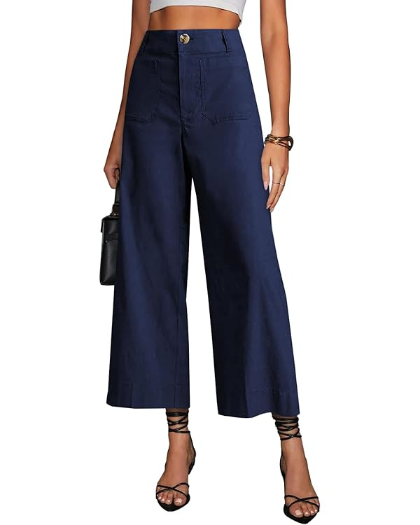 miduo Womens High Waisted Cropped Wide Leg Stretchy Straight Pants Trousers with Pockets | Amazon (US)