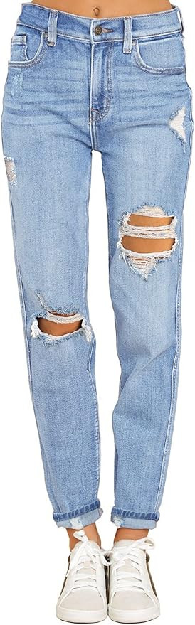 luvamia Women's Casual Ripped Jeans Elastic Waist Slim Boyfriend Jeans Denim Pants | Amazon (US)