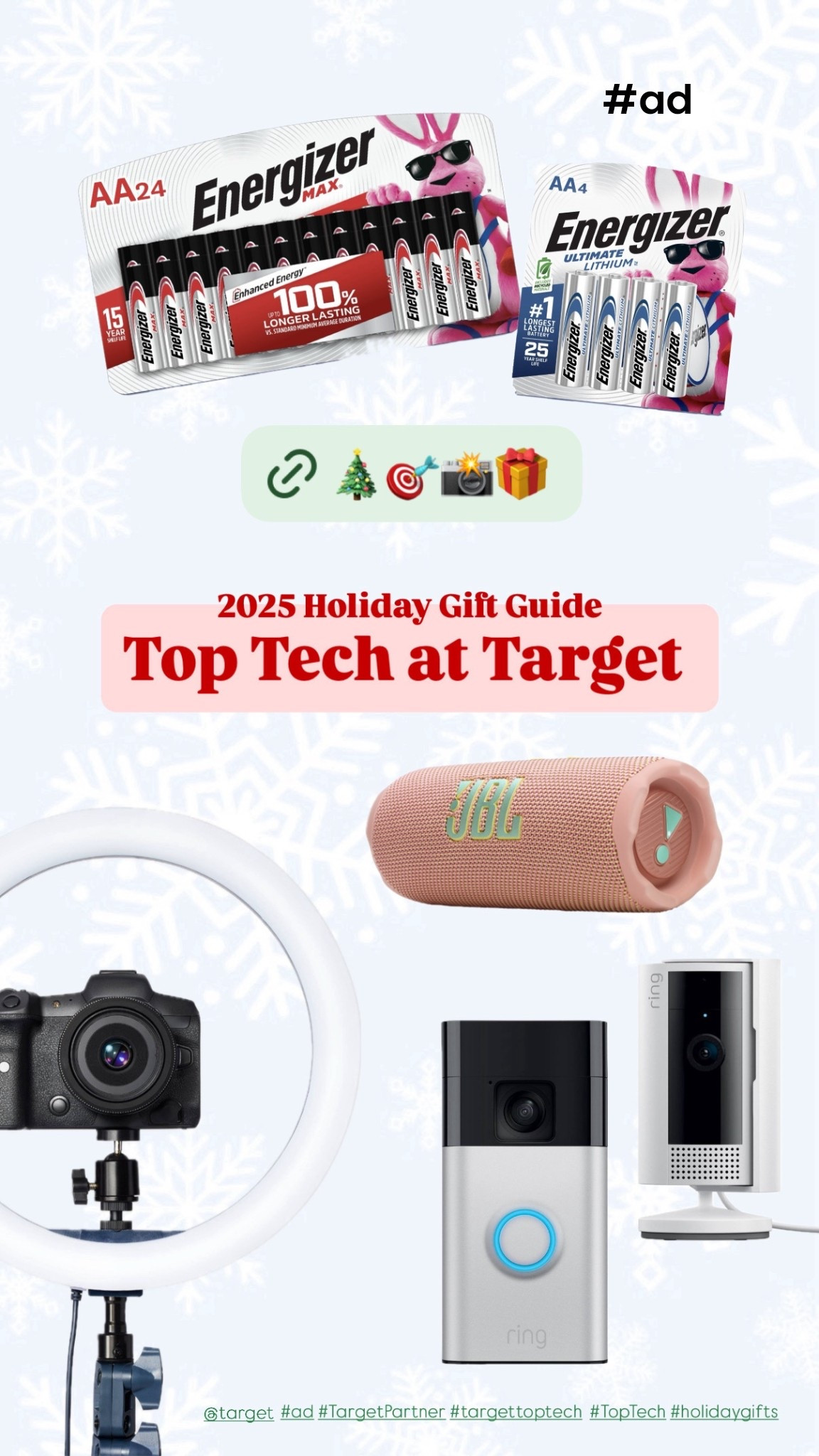#ad Rounding up the Top Tech at Target 🎯✨ — the stuff we actually use, love, and gift every year! Whether you’re filming holiday memories, upgrading your doorbell cam, blasting Christmas playlists, or stocking up on batteries (because every toy takes AAs 😅)… Target has you covered 🙌

From smart home essentials to lighting that makes content look chef’s kiss, this guide has something for everyone on your list! 🎁 #TargetPartner #TargetTopTech #TopTech #Holidaygifts @target @shop.ltk #shopltk #liketkit 
