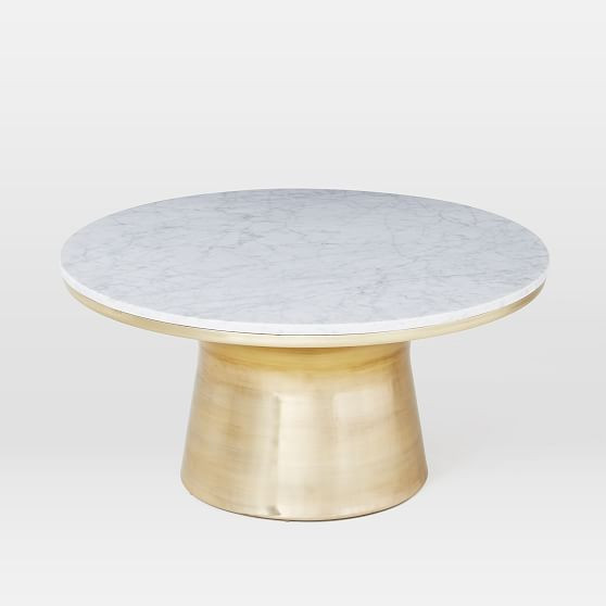 Marble Topped Pedestal Coffee Table, (30.5"" Diam.), White Marble/Antique Brass Base | West Elm (US)