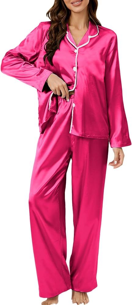 Verdusa Women's Satin Pajama Set Button Down Loungewear Long Sleeve Top and Pants | Amazon (US)