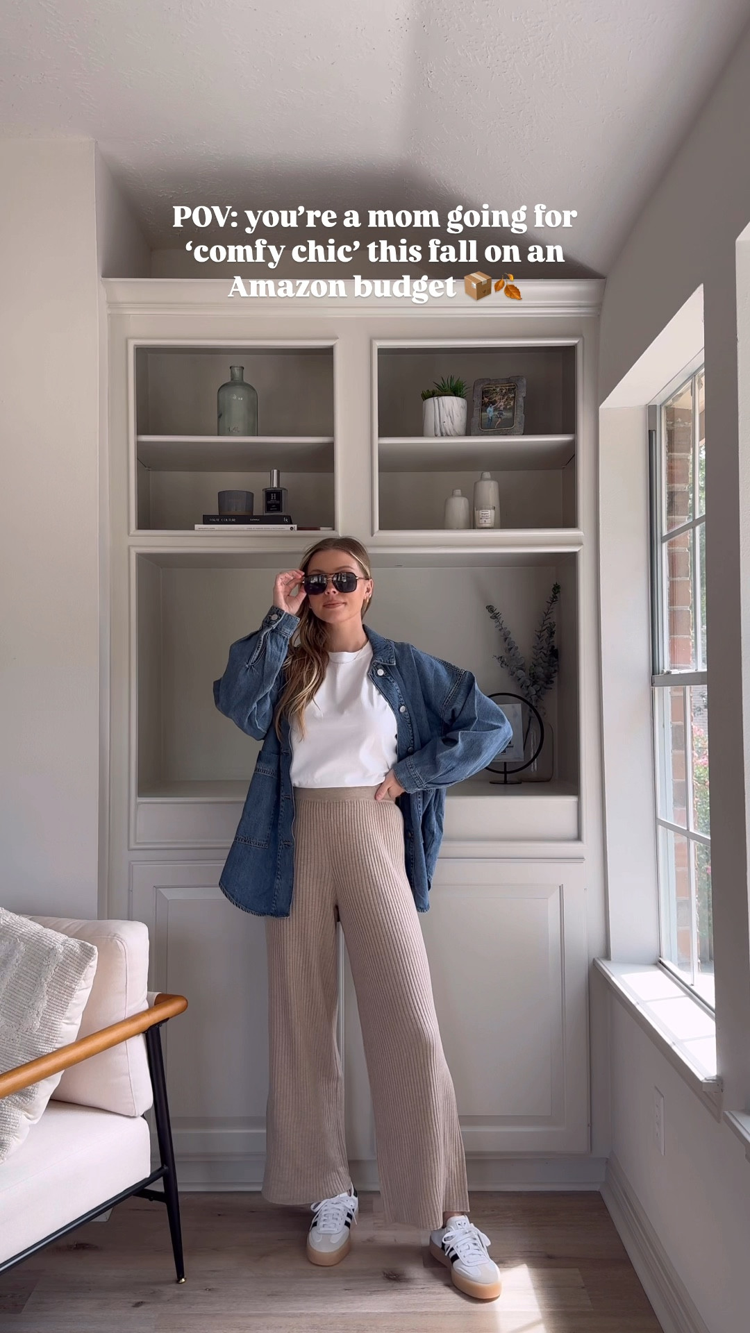 Comfy fall outfit: knit lounge pants in size M, basic tee in S, denim shirt in S, sambae’s run tts.

#LTKVideo #LTKShoeCrush #LTKStyleTip