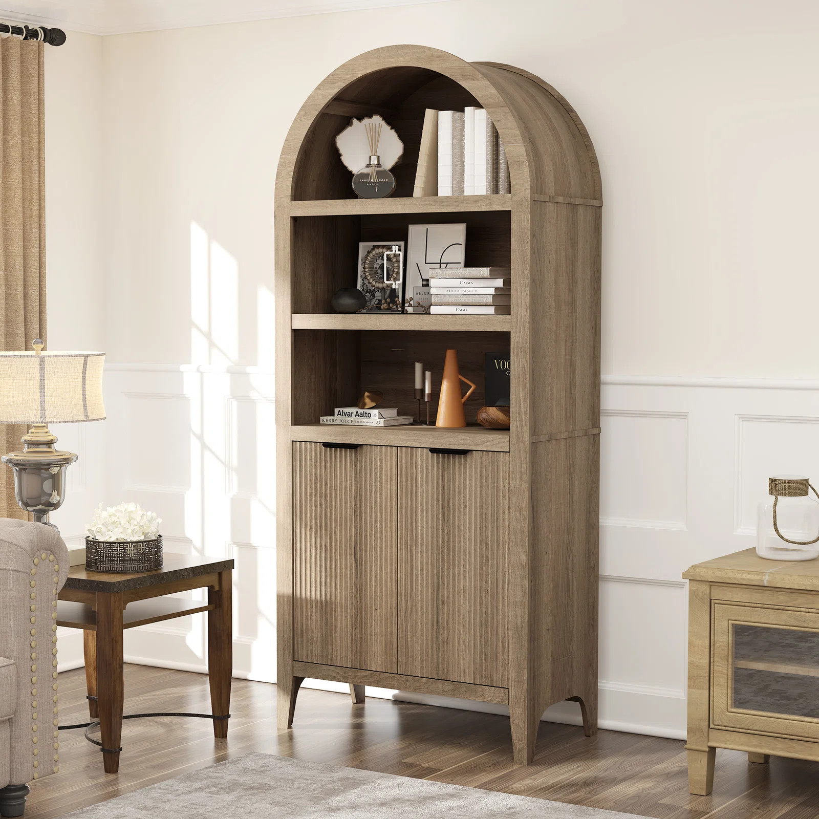 5 Tiers 72" Arched with Fluted Doors Bookcase, Cabinet Floor Standing Bookshelf | Wayfair North America