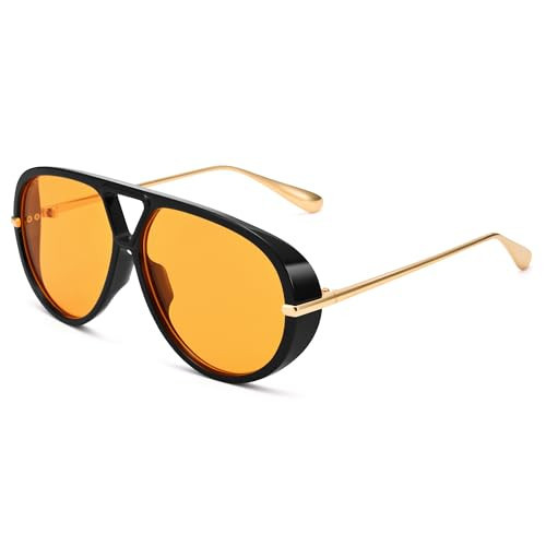 COASION Trendy Oversized Aviator Sunglasses for Women - Retro Large Round Shield Designer Sun Glasses Vintage Shades (Black/Orange Tinted) | Amazon (US)