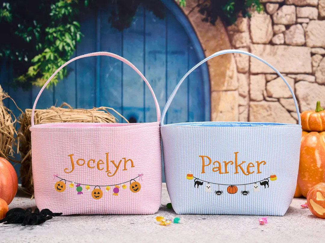 Embroidered Trick or Treat Basket, Personalized Seersucker Halloween Basket, Monogram, Kids Hallo... | Etsy (US)