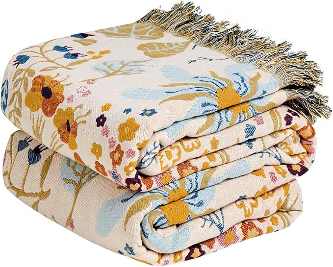 MSGKV Boho Throw Blanket for Bed 100% Cotton Floral Twin Size Couch Blanket 60"x80" Muslin Spring... | Amazon (US)