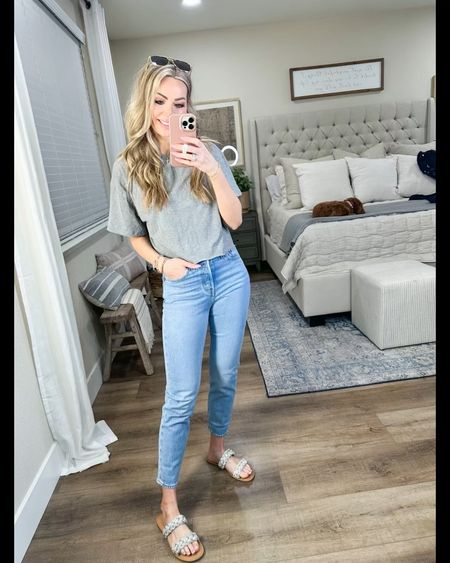 Spring outfit inspo
Short sleeve relaxed fit cropped t-shirt size small
Wedgie jeans size 26

Steve Madden lookalike sandals run narrow size up 

#LTKSeasonal #LTKunder50 #LTKFind
