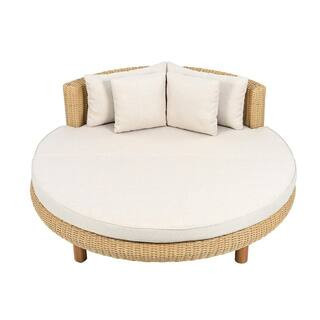 Addy Patio Wicker and Metal Frame Outdoor Day Bed with Beige Cushion and 4 Pillows, Natural Finish, Solid Wood Legs | The Home Depot