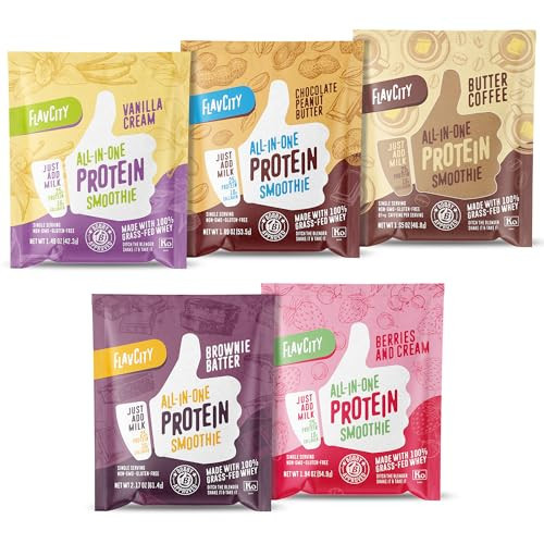 FlavCity All-in-One Protein Smoothie Powder, Variety Pack (5 Single Serve Packets) - 100% Grass-Fed Whey Protein Powder with 25g Protein & 10g Collagen - Gluten-Free Pre Workout & Post Workout Drink | Amazon (US)