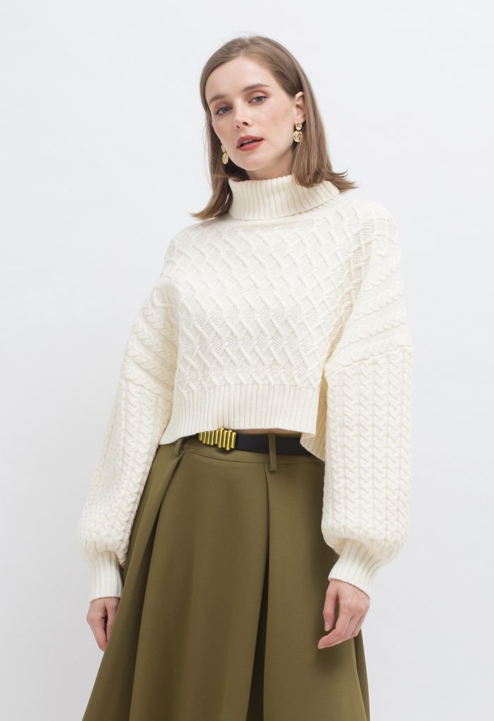 Turtleneck Cable Knit Cropped Sweater in Ivory | Chicwish