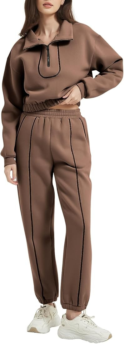 ROJZR Womens 2 Piece Outfits Sweatsuit Set Lapel Half Zip Pullover Cropped Sweatshirt Elastic Wai... | Amazon (US)