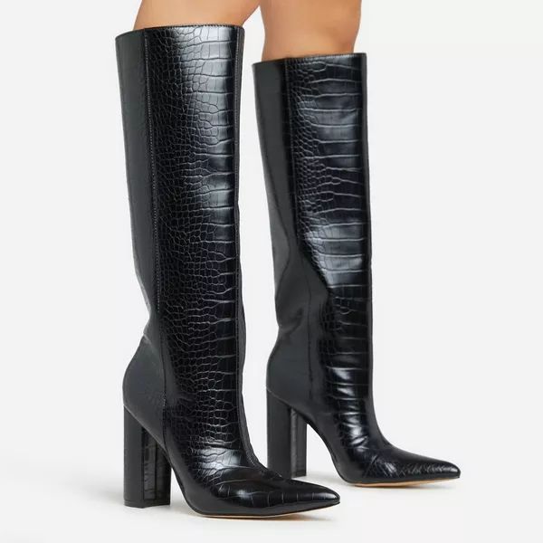 Louise Pointed Toe Block Heel Knee High Long Boot In Black Croc Print Faux Leather | EGO Shoes (US & Canada)