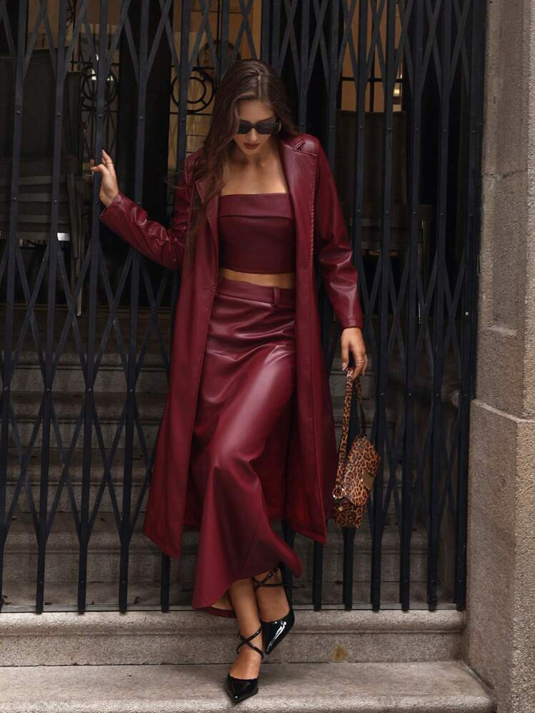 Aloruh 2 Piece Set Women's Christmas Outfit - Elegant Sexy Solid Wine Red PU Leather Tube Top And Pencil Skirt Suit For Work, Birthday, New Year | SHEIN