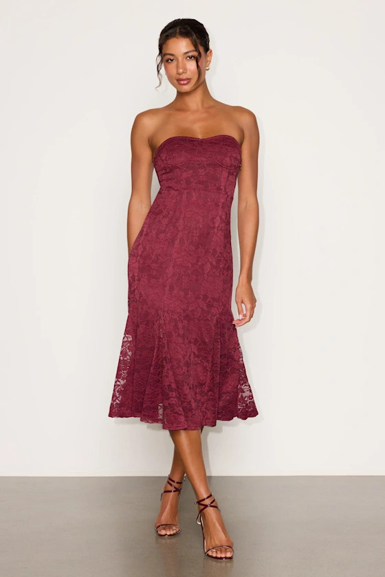 May Burgundy Strapless Lace Midi Dress | Lulus