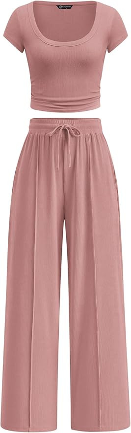 PRETTYGARDEN Women's 2 Piece Matching Lounge Sets Ribbed Short Sleeve Crop Tops Wide Leg Pants 20... | Amazon (US)
