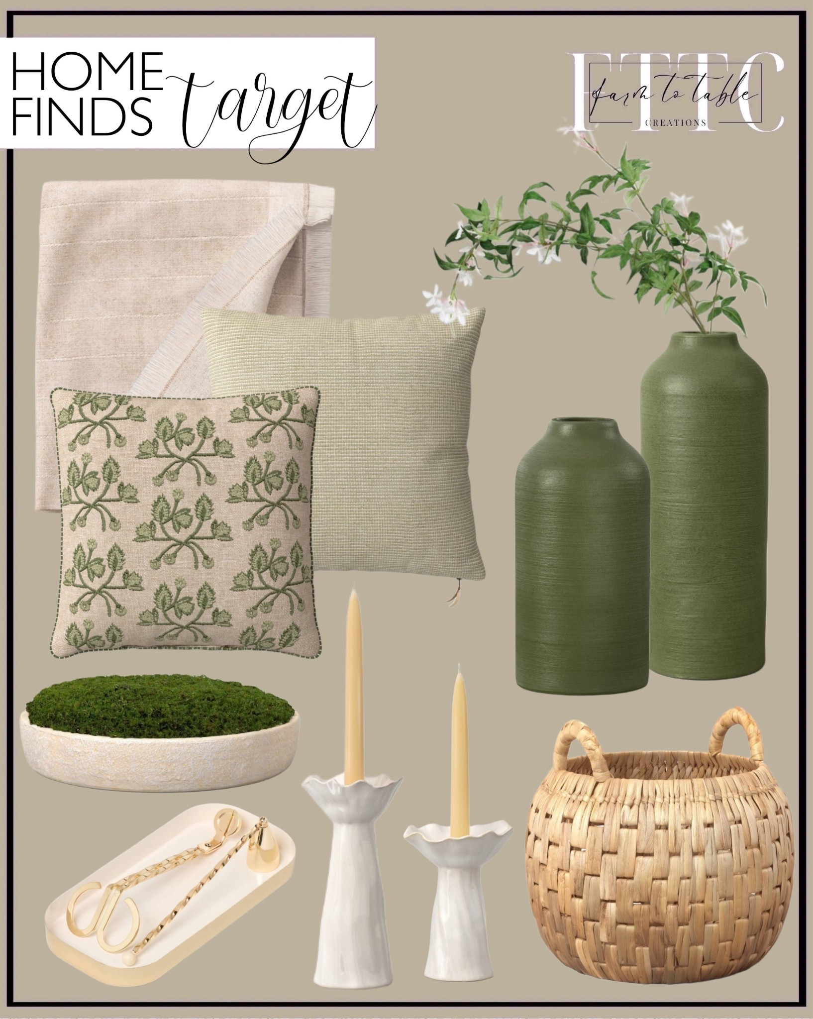 Home Finds from Target 🤍🌿
Follow @farmtotablecreations on Instagram for daily home favorites, styling ideas, and the prettiest seasonal finds.

This Target roundup is giving the softest spring refresh — from the green ceramic vases and budding florals to the cozy neutral pillow covers and woven basket texture. These are the kind of pieces that instantly make your space feel warm, elevated, and effortlessly styled.

Perfect for coffee table layers, shelves, or a simple sofa update as we head into spring. Everything here is classic, calming, and easy to mix into a neutral home.

#targethome #targetfinds #neutraldecor #throwpillows #decorvases #candlesticks #livingroomdecor #homeaccessories #wovenbasket #sectional #livingroomrug #pillows #rugs #livingroomfurniture

#LTKHome #LTKSaleAlert