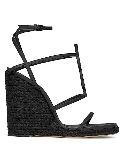 Cassandra Wedge Espadrilles In Leather With Black Monogram | Saks Fifth Avenue