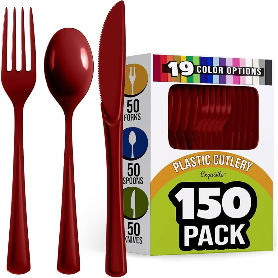 150 Pack Burgundy Plastic Cutlery Set, Plastic Silverware Heavy Duty, Plastic Utensil Sets, 50 Pl... | Amazon (US)