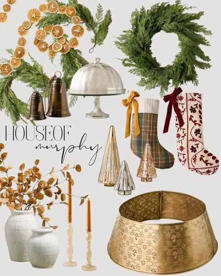 Holiday Home | garland | orange peel garland | brass tree ring | stockings | cake cloche | brass bells | Mercury glass trees | cedar wreath | magnolia 

#LTKSeasonal #LTKhome #LTKHoliday