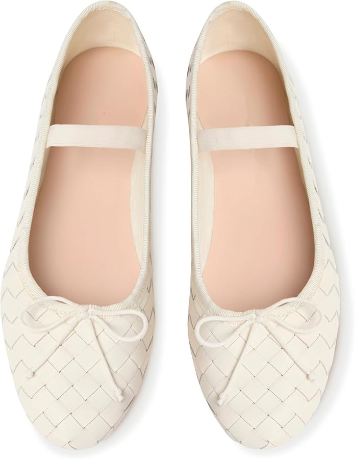 Womens Woven Ballet Flats with Bow Round Toe Slip on Mary Jane Flats Ladies Fashion Elastic Strap... | Amazon (US)