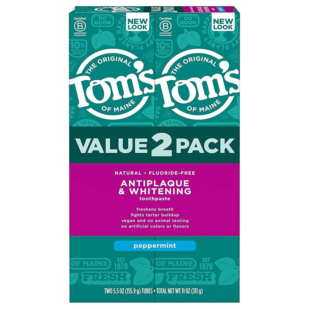 Tom's of Maine Fluoride-Free Antiplaque & Whitening Natural Toothpaste, Peppermint, 5.5 oz. (Pack... | Amazon (US)