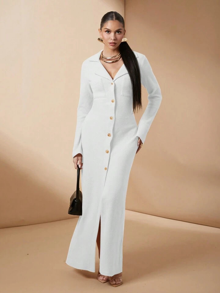 Lumalex White Knitted Long Dress Simple Fashion Daily Casual | SHEIN