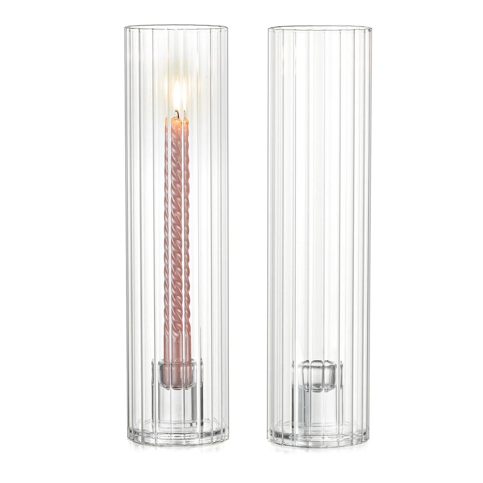 Sziqiqi Set of 2 Ribbed Glass Hurricane Candle Holders: 11.8" Tall Fluted Taper Candle Sticks wit... | Walmart (US)