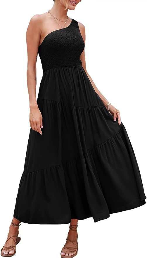 ANRABESS Women's Summer One Shoulder Sleeveless Smocked Flowy Tiered Asymmetric Beach Long Maxi D... | Amazon (US)
