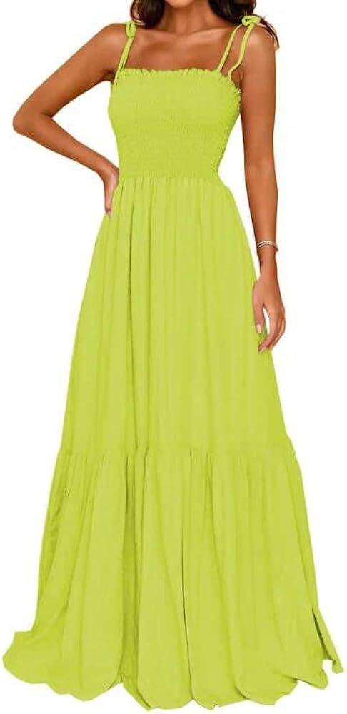 GOLDSTITCH Women's 2024 Summer Bohemian Spaghetti Strap Smocked A Line Flowy Maxi Dress | Amazon (US)