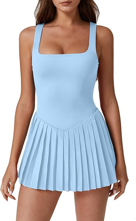 QINSEN Womens Square Neck Tennis Dress Pleated Sleeveless Built in Shorts Golf Athletic Dress wit... | Amazon (US)