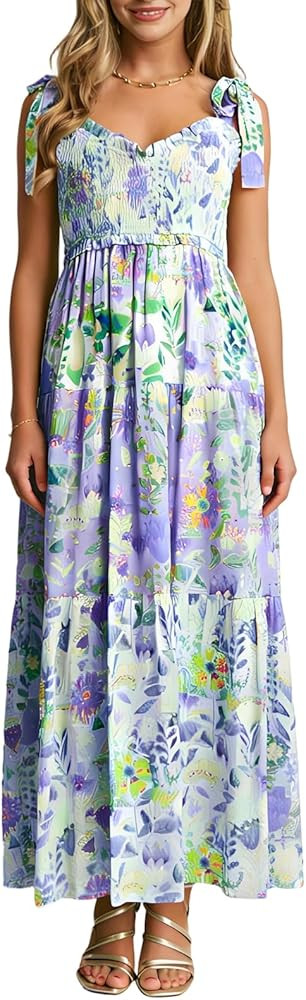 Women Y2K Floral Flowy Long Maxi Dress Tie Shoulder Spaghetti Strap Smocked Tiered Boho Swing A-l... | Amazon (US)