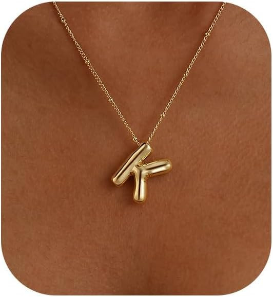 Initial Necklaces for Women, 14k Gold Plated Bubble Letter Necklace Chunky Gold Necklace Dainty C... | Amazon (US)