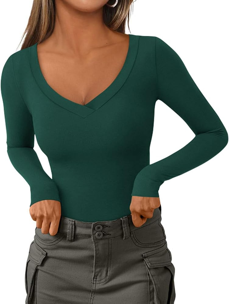 PRETTYGARDEN Long Sleeve Shirts for Women 2025 Fall Fashion V Neck Going Out Tops Slim Fit Basic ... | Amazon (US)