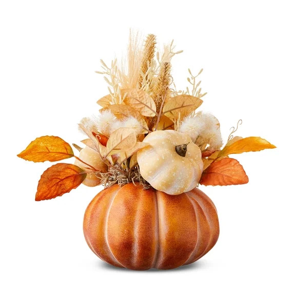 Foam Pumpkin with Fall Foliage Tabletop Decor, Orange & Cream, 11", Fall by Way To Celebrate | Walmart (US)